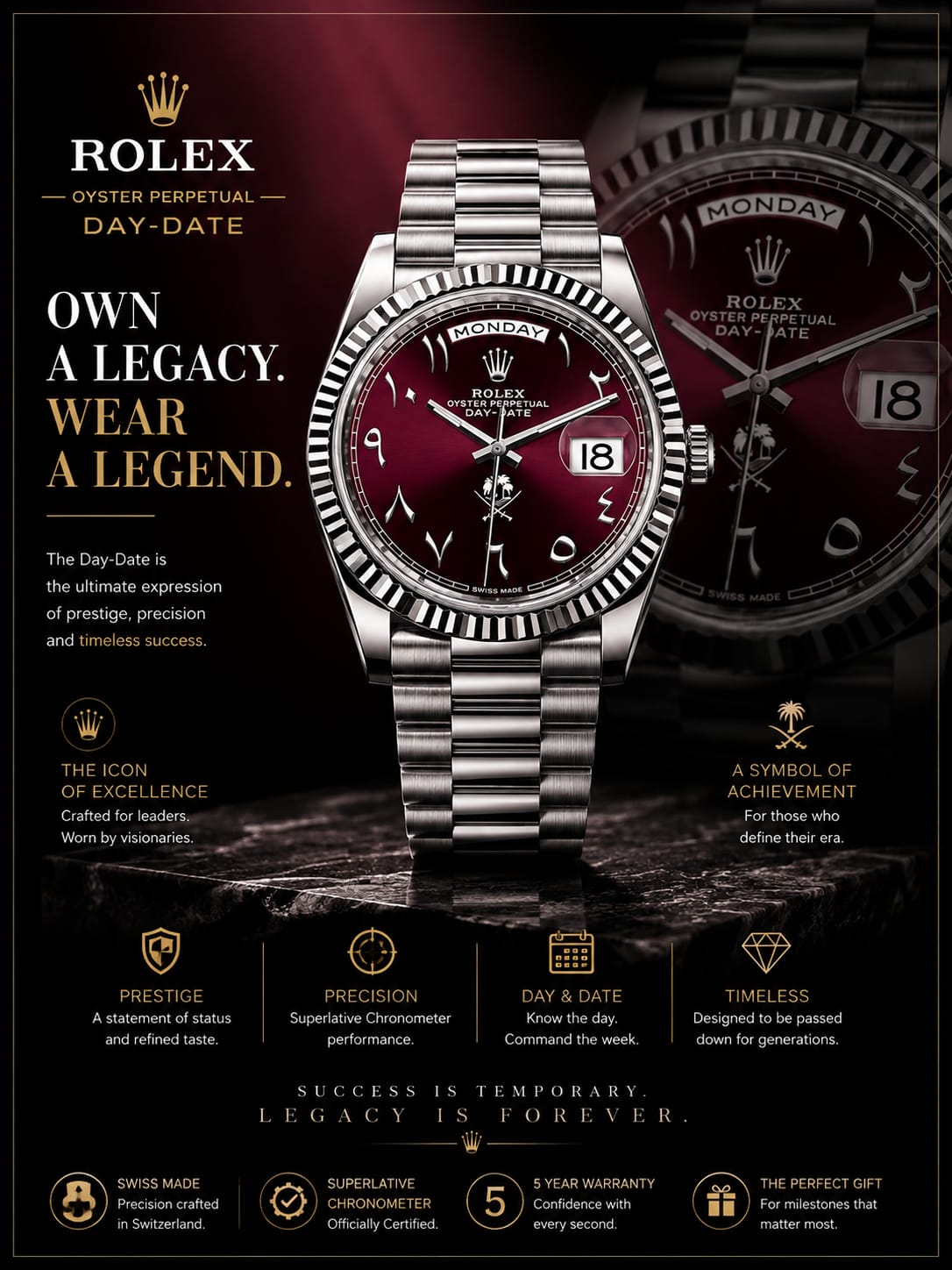 Luxury Red Dial Stainless Steel Watch